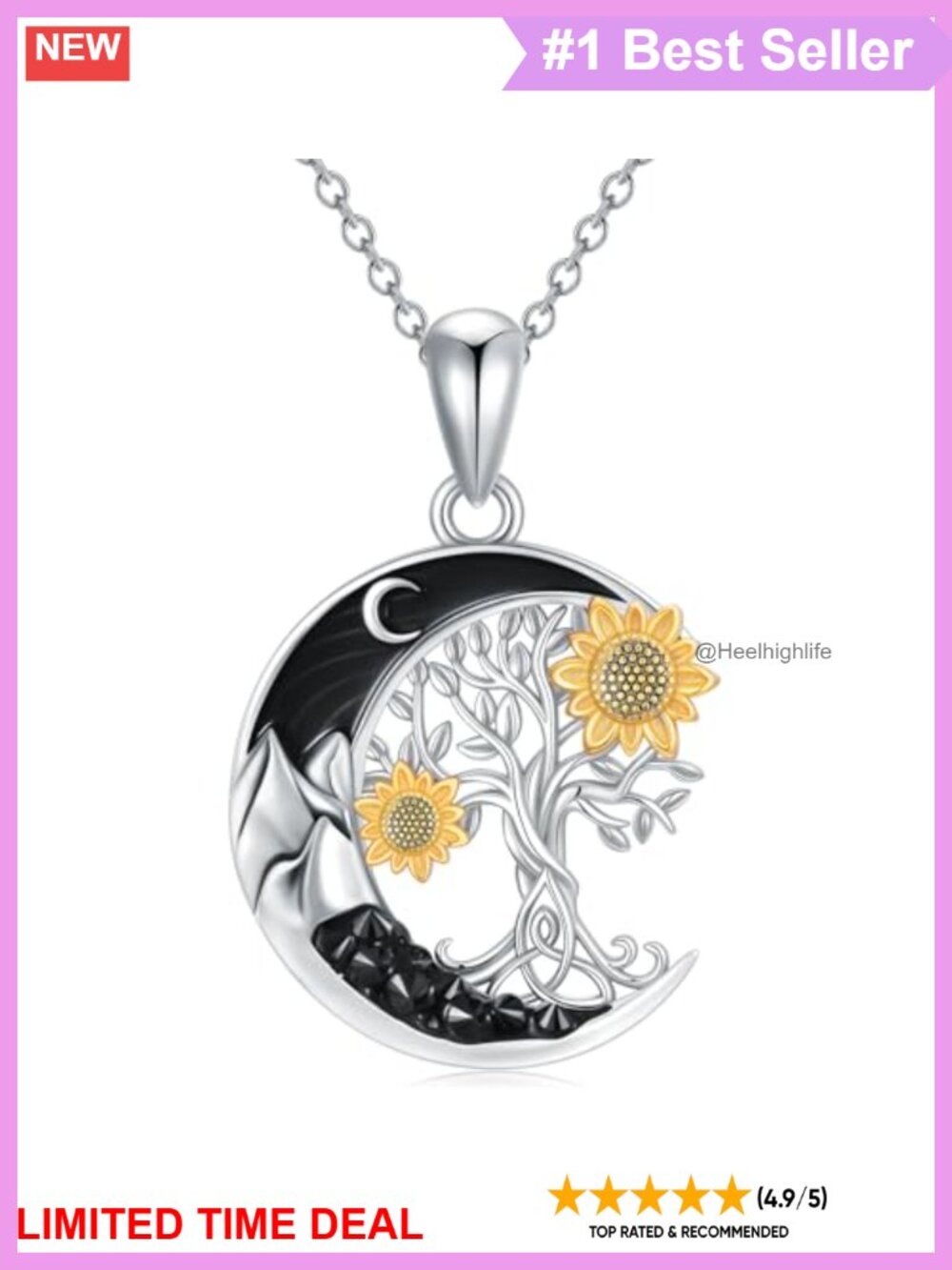 Sterling Silver Sunflower Moon Pendant Necklace Adjustable Cable Chain Jewelry